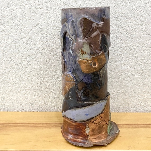 Vintage Unique Brutalist Clay Pottery Signed Hobbyist? 9.5” Cylindrical Vase - Picture 1 of 16